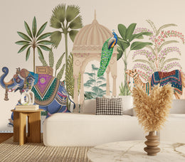 Royal Mughal wall mural featuring palace dome elephant and greenery for bedroom interior