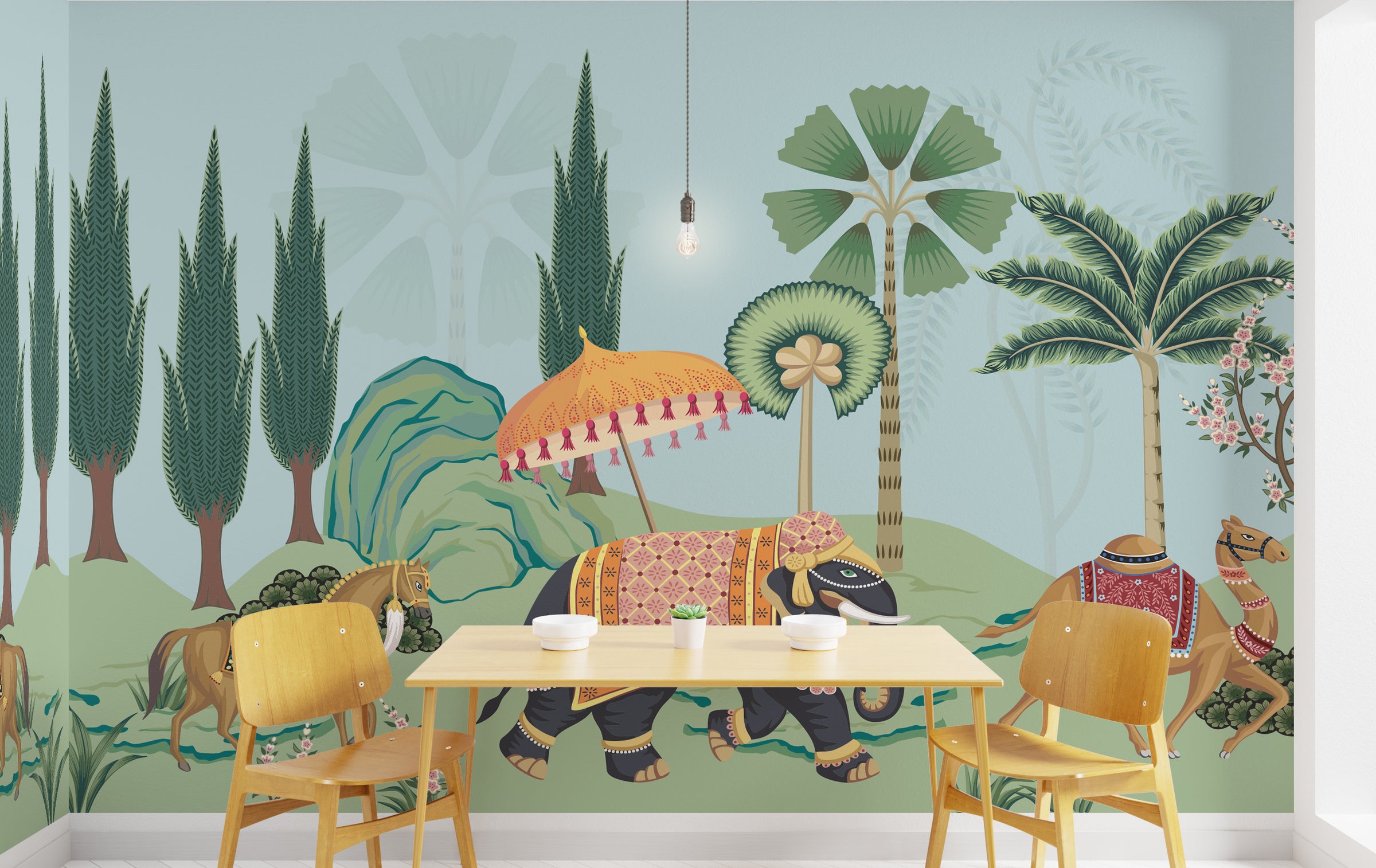 Detailed Indian wildlife wallpaper with tropical foliage in cozy reading dining wall decor
