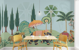 Detailed Indian wildlife wallpaper with tropical foliage in cozy reading dining wall decor