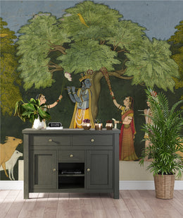 Radha Krishna Indian Miniature Art Wallpaper Peel and Stick Green Wall Mural