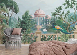 Luxury bedroom wall decor featuring botanical peacock landscape palace wallpaper mural