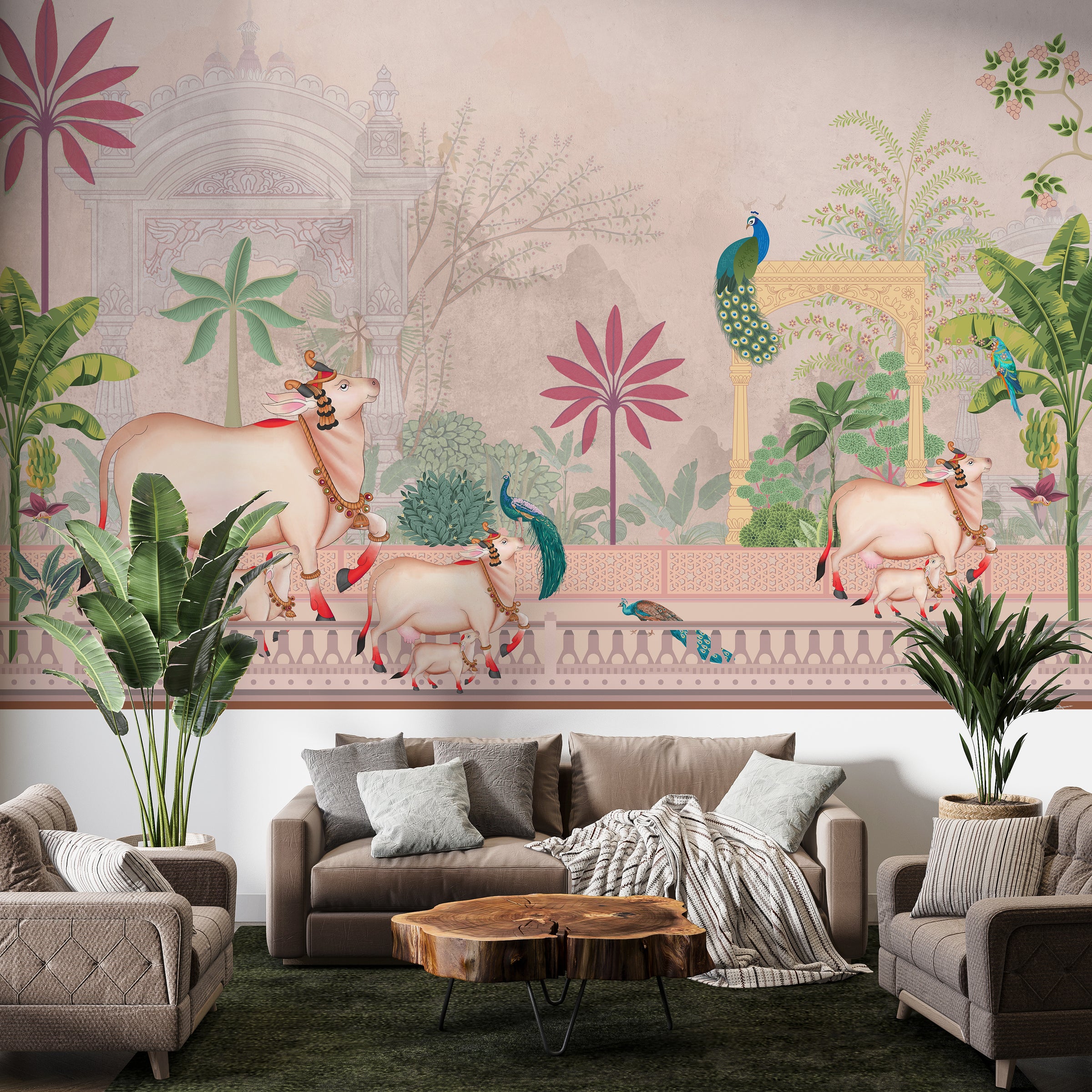 Indian palace wall mural with peacocks, cows, pastel tones for living room decor