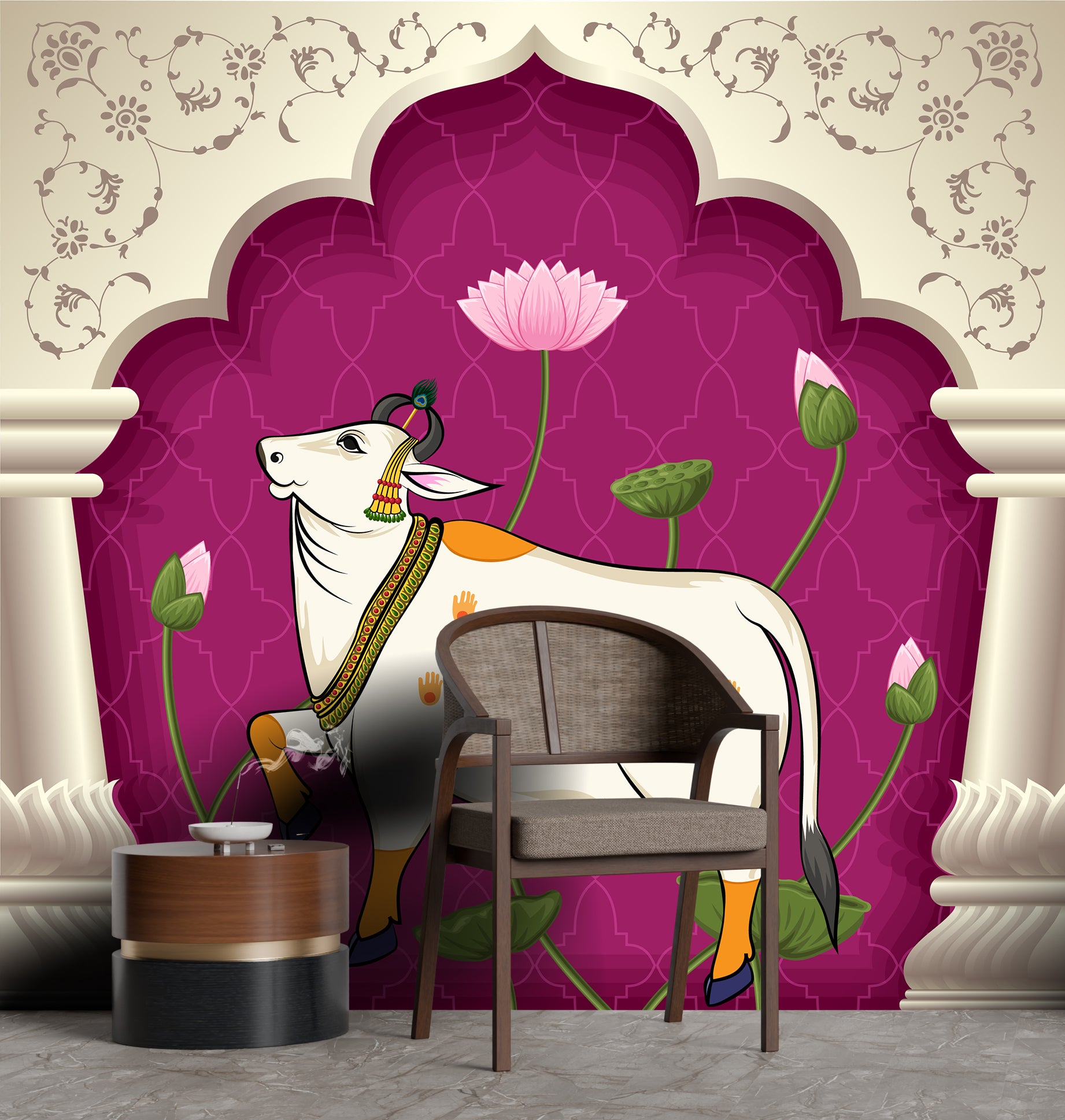 Traditional sacred cow lotus design in bold pink for stylish dining room decor