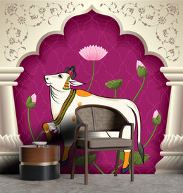 Traditional sacred cow lotus design in bold pink for stylish dining room decor