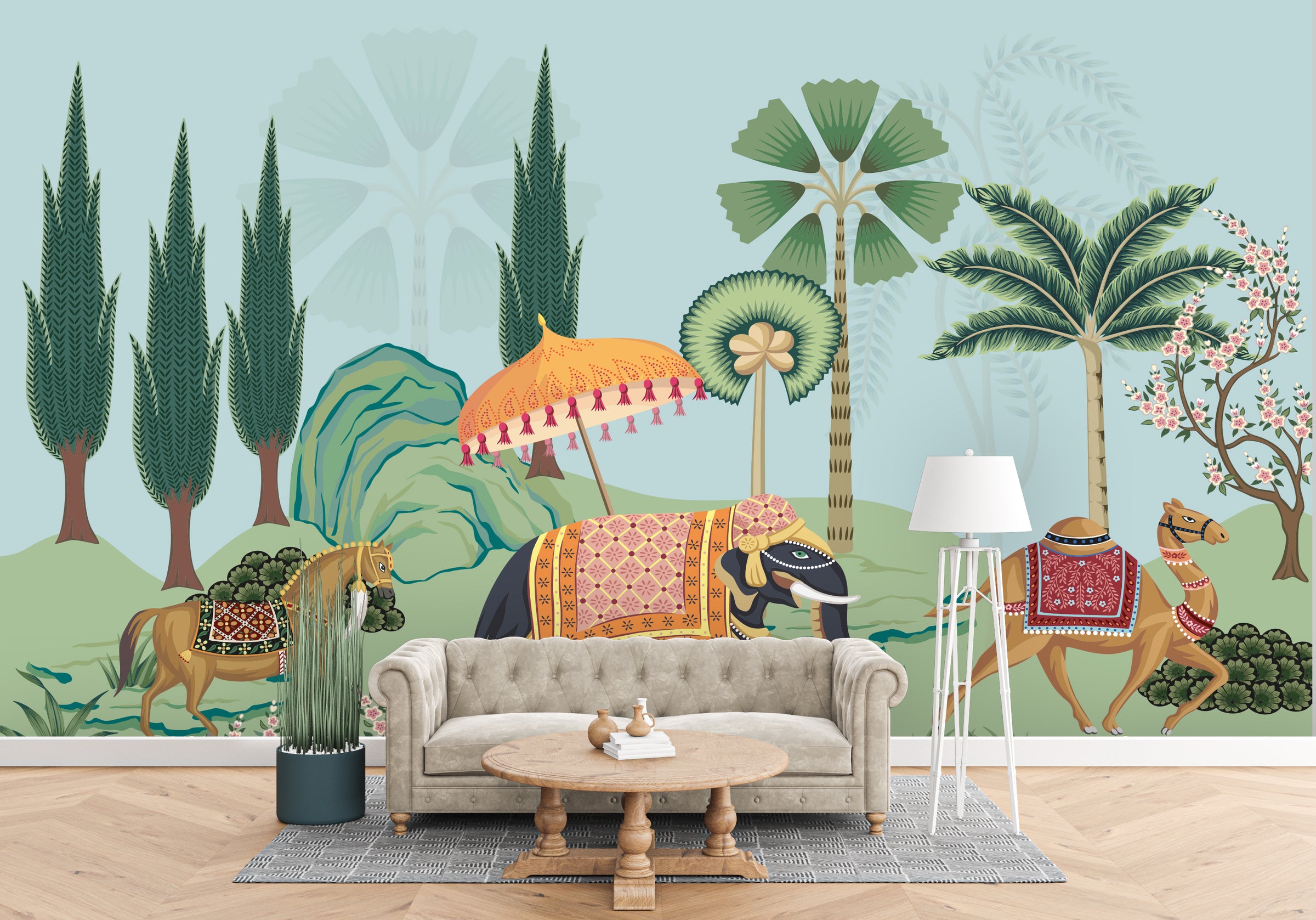 Bold Indian wildlife wallpaper featuring tropical trees and majestic animals in bedroom