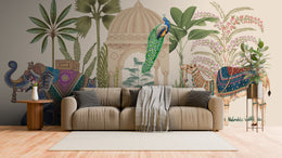 Mughal garden wallpaper with elephant camel peacock in vibrant tones for living room decor
