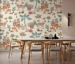 Ethnic folk wallpaper with village illustration, muted colors for stylish dining room wall