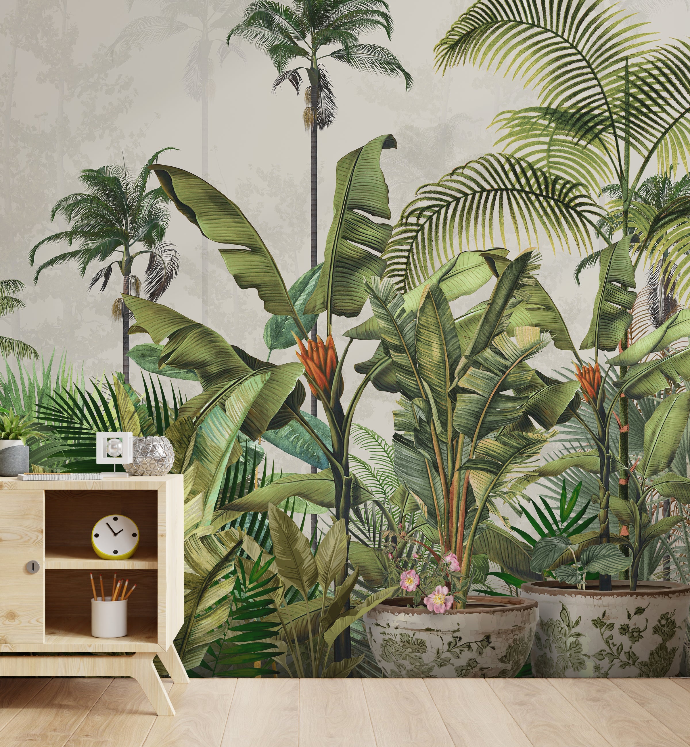 Lush tropical botanical wallpaper with green palm leaves enhancing modern living room wall decor