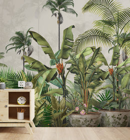 Lush tropical botanical wallpaper with green palm leaves enhancing modern living room wall decor