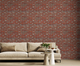 Industrial loft red brick wall mural creating a bold living room feature inspired by modern Miami interior design.