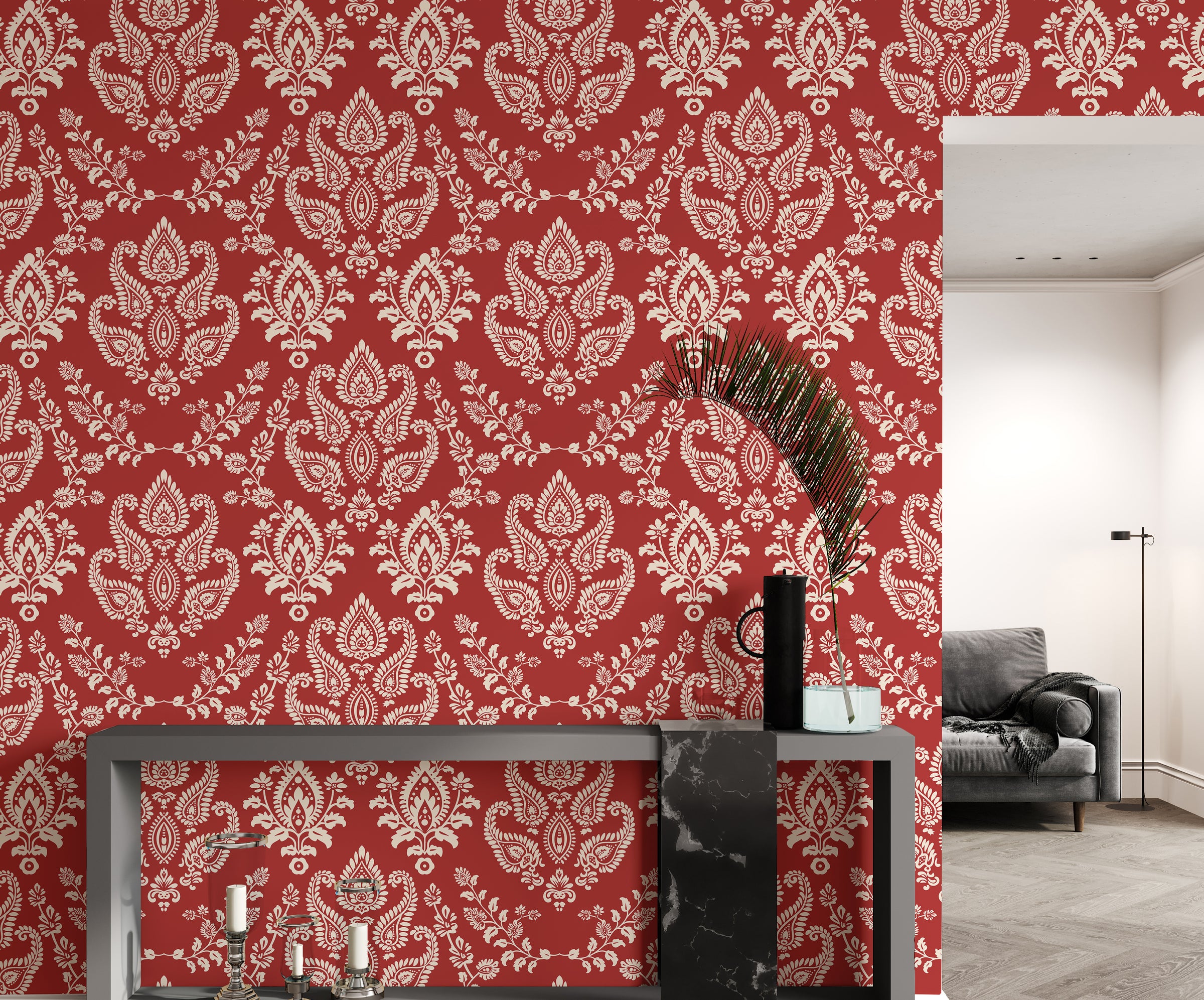 Royal inspired damask motif background enriching welcoming hallway interior character