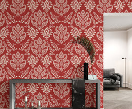 Royal inspired damask motif background enriching welcoming hallway interior character