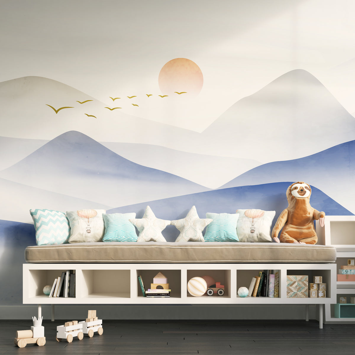Serene Blue Mountain Landscape Mural Modern Living Spaces Wallpaper