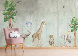 Watercolor Safari Animal Wall Mural | Green Jungle Peel and Stick Wallpaper