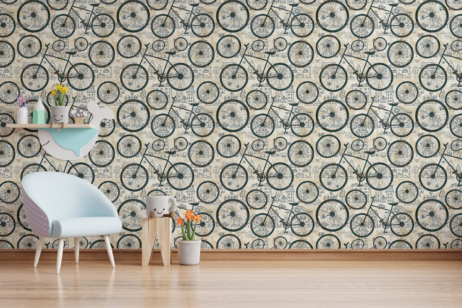 Classic bicycle wallpaper with artistic line drawings in cream background for playful kids room