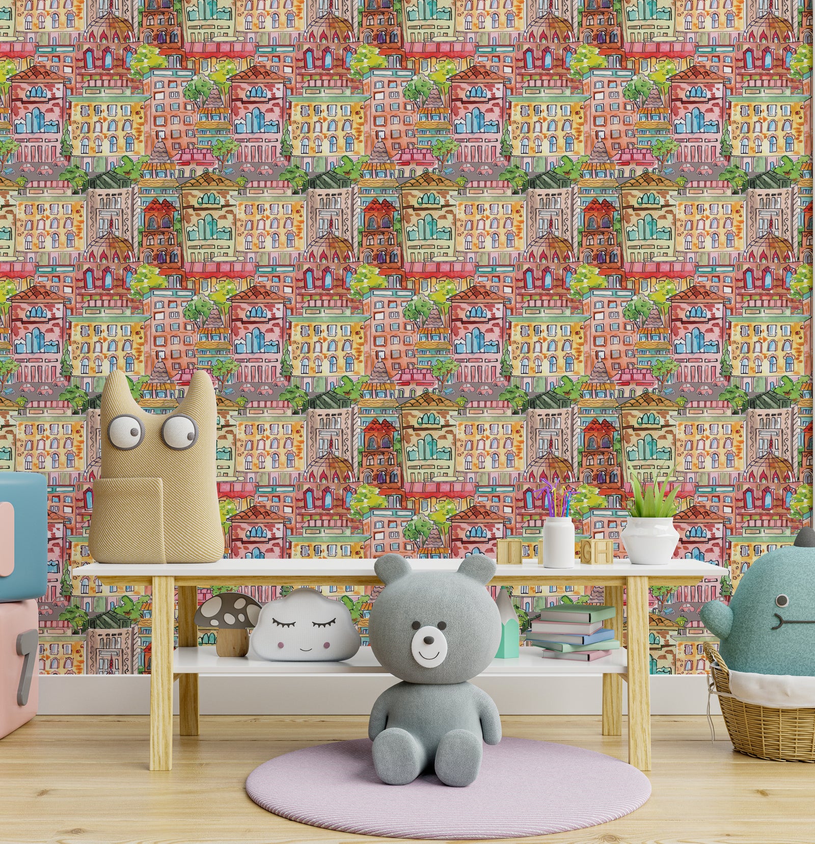 Kids room wallpaper featuring colorful cartoon city buildings pattern for playful nursery decor
