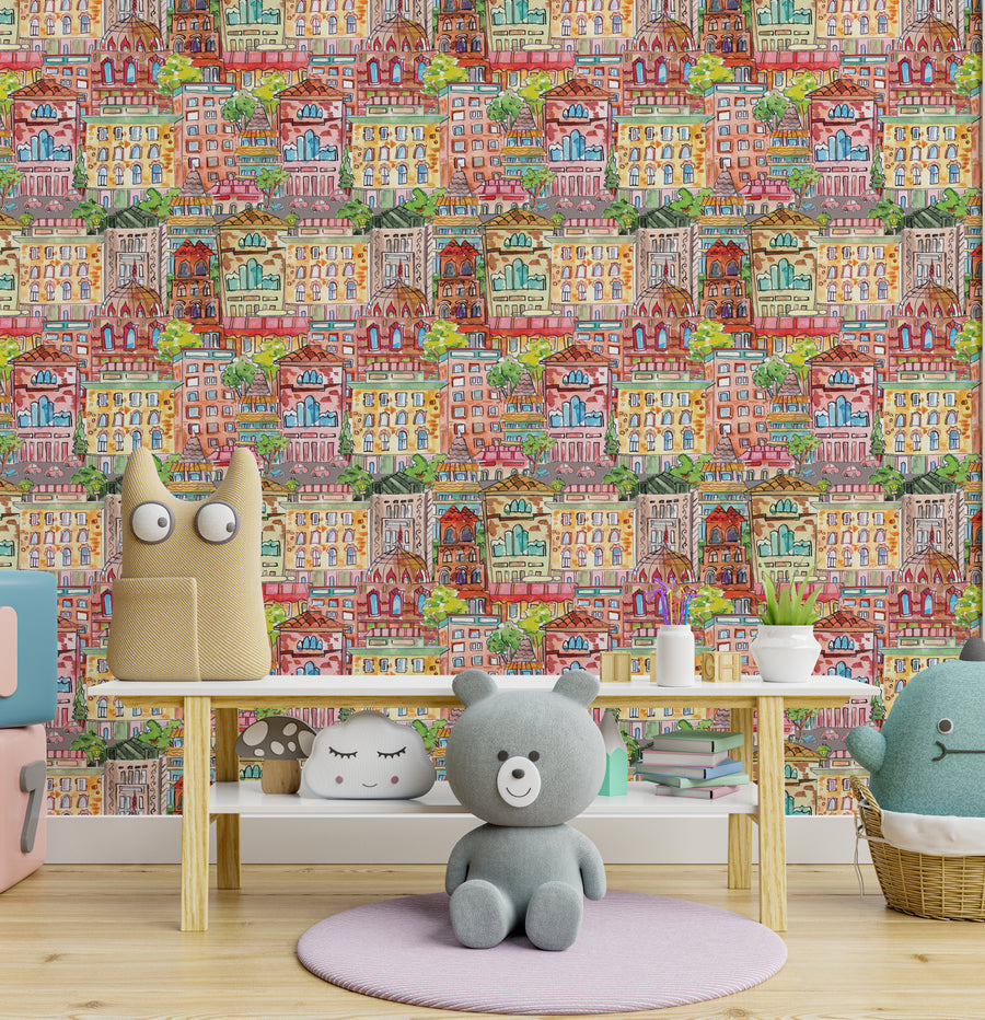 Self-Adhesive Town Pattern Kids Wallpaper Nursery Vibrant Colors Wall Accent