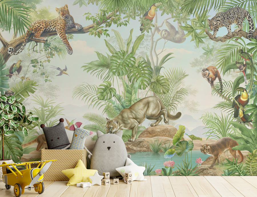 Self Adhesive Jungle Safari Animals Wall Mural for Kids Room Decor