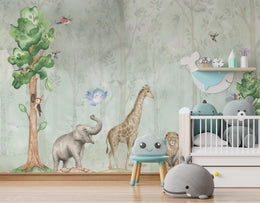 Watercolor Safari Animal Wall Mural | Green Jungle Peel and Stick Wallpaper