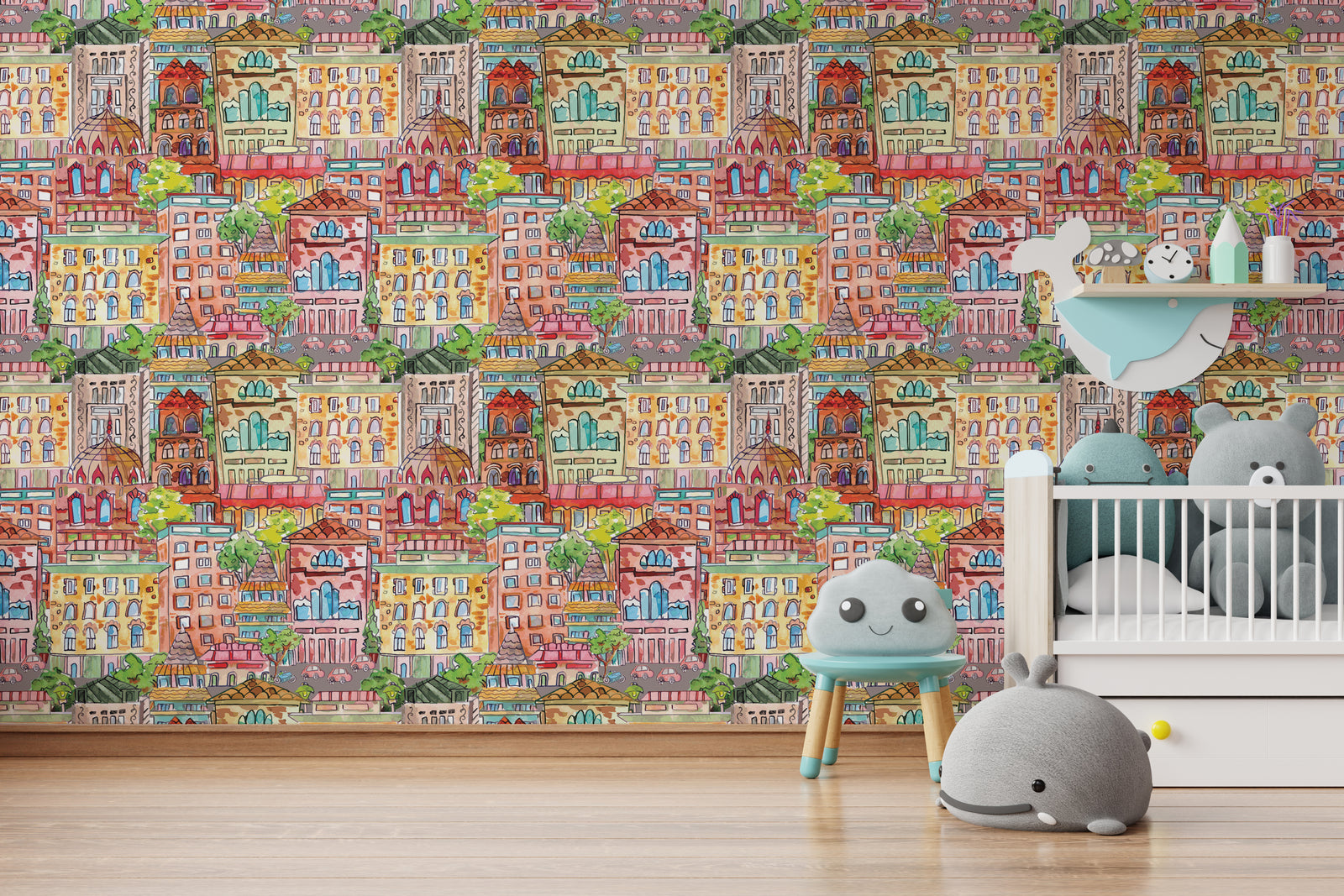 Nursery wall mural with vibrant town illustration wallpaper enhancing cheerful baby room interior