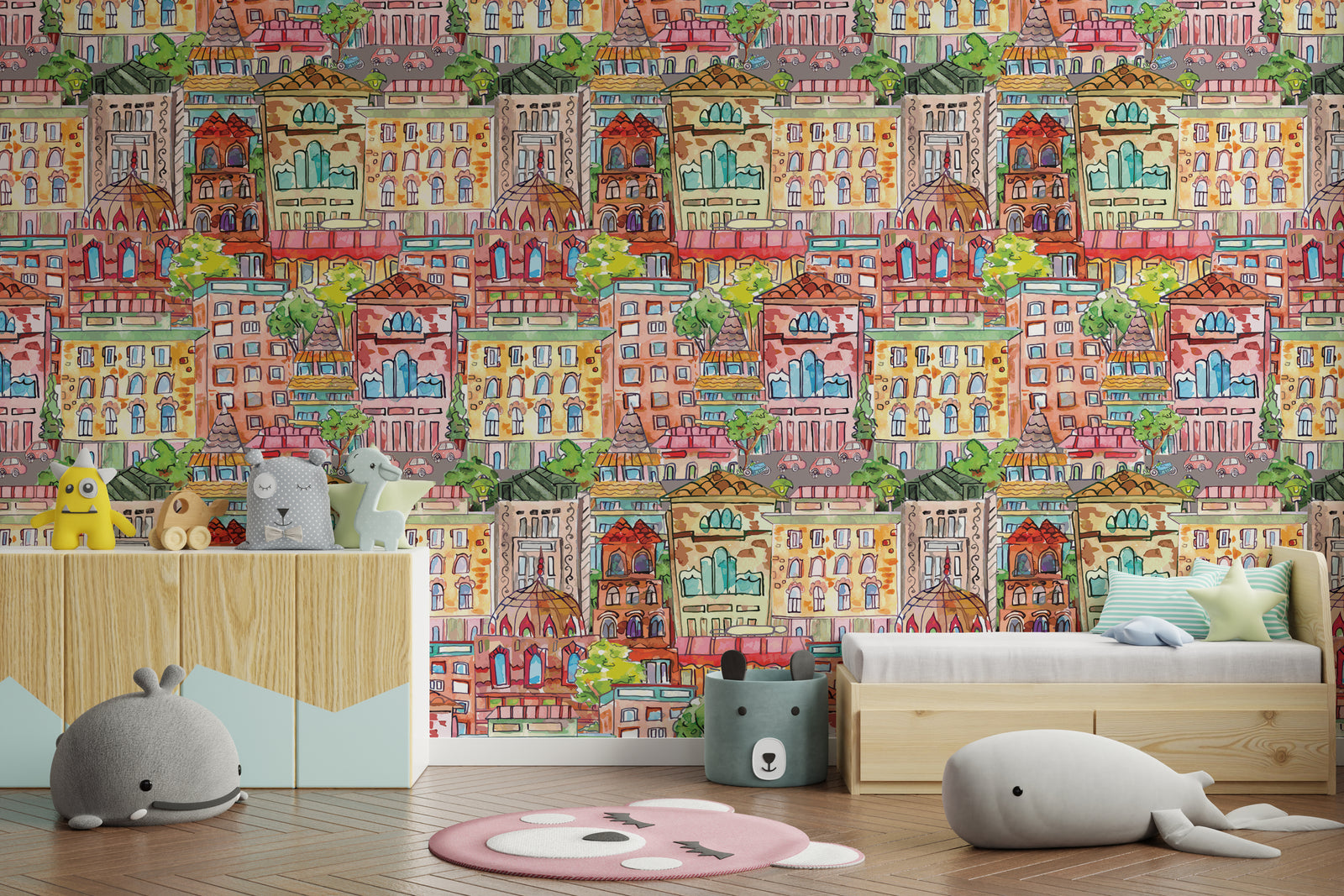 Playroom accent wallpaper showing bright urban cityscape design for fun children’s space