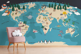 Cartoon world map mural featuring animals in soft tones for playroom decor