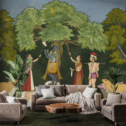 Radha Krishna Indian Miniature Art Wallpaper Peel and Stick Green Wall Mural