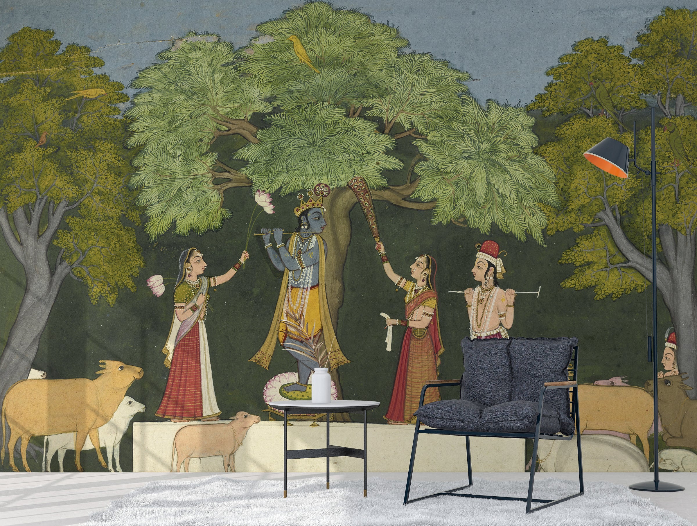 Radha Krishna Indian Miniature Art Wallpaper Peel and Stick Green Wall Mural