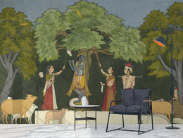 Radha Krishna Indian Miniature Art Wallpaper Peel and Stick Green Wall Mural