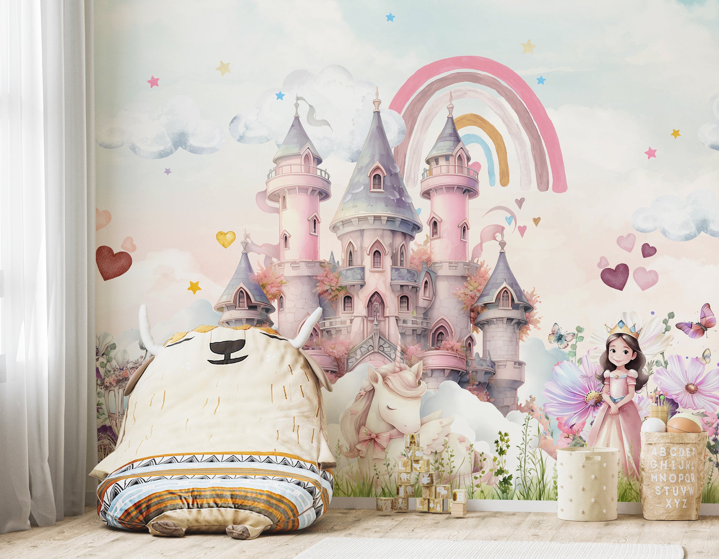 Pink Castle Kids Wallpaper with Rainbow Unicorns | Peel and Stick Wall Mural