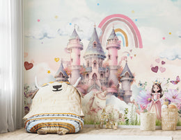 Pink Castle Kids Wallpaper with Rainbow Unicorns | Peel and Stick Wall Mural