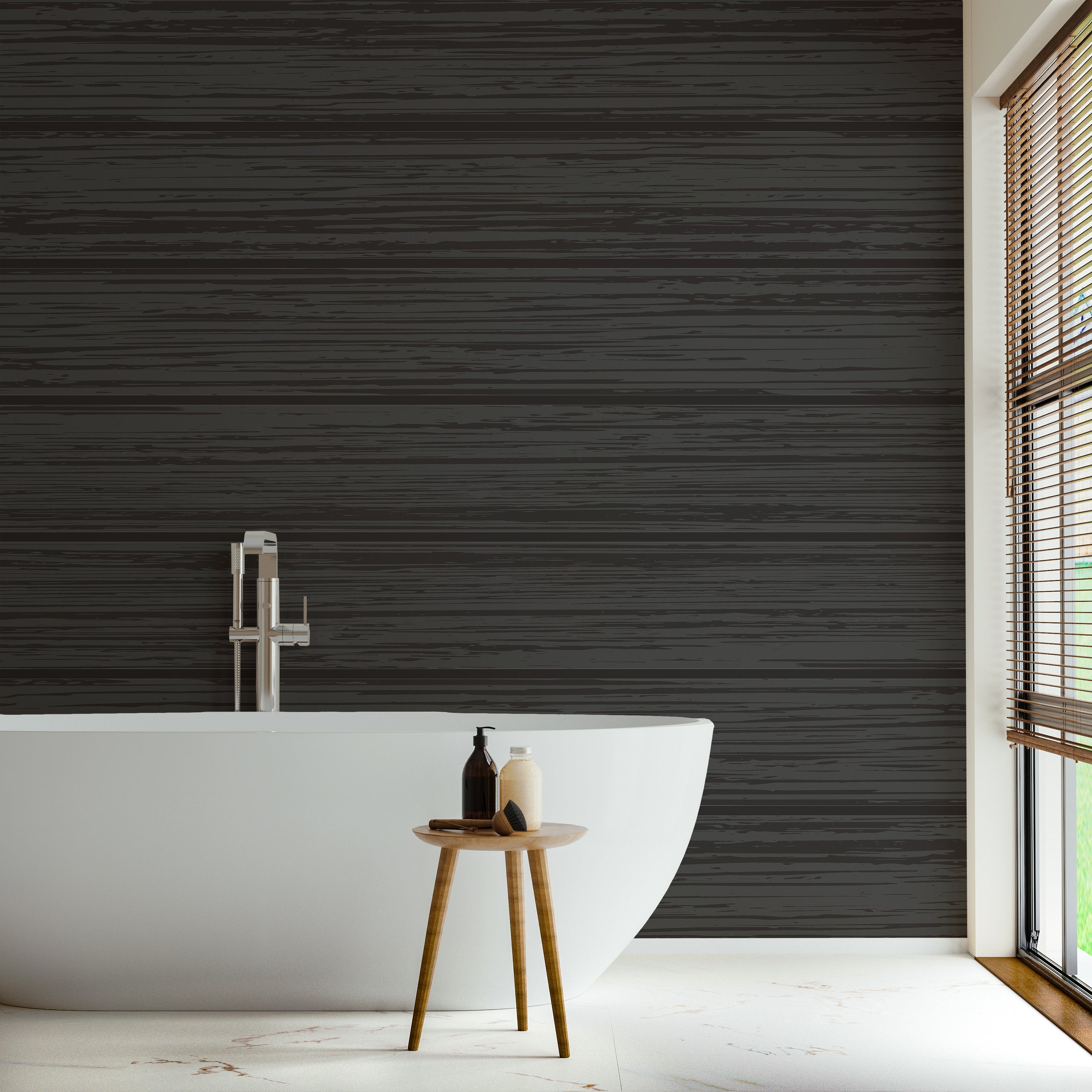Matte black wooden panel effect bringing refined warmth to a minimalist restroom space.