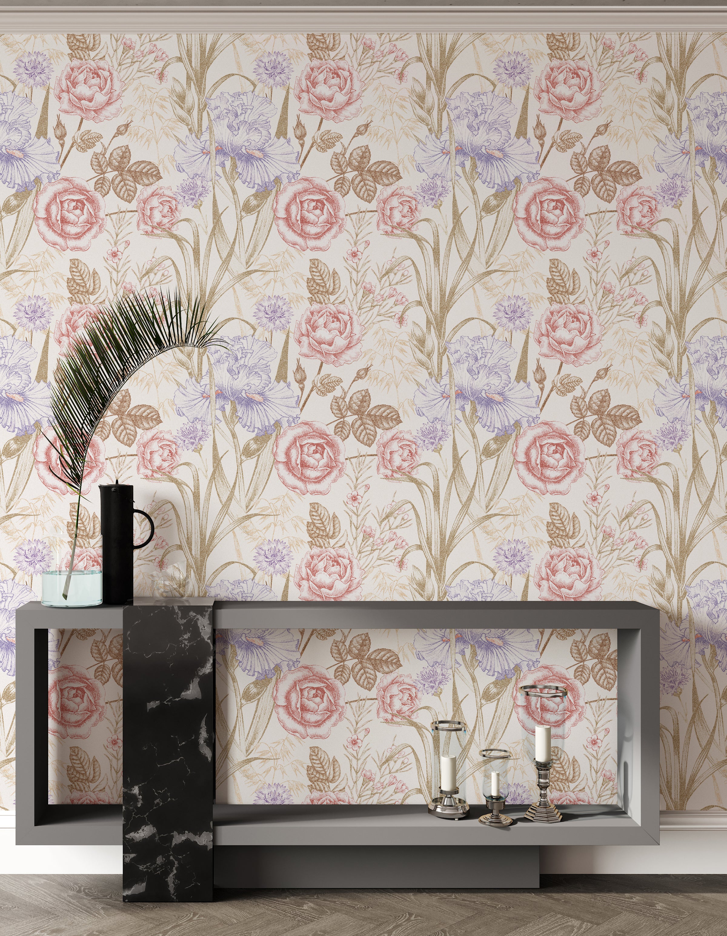 Blush pink lavender floral wallpaper with vintage botanical pattern for elegant bedroom decor