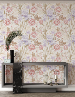Blush pink lavender floral wallpaper with vintage botanical pattern for elegant bedroom decor