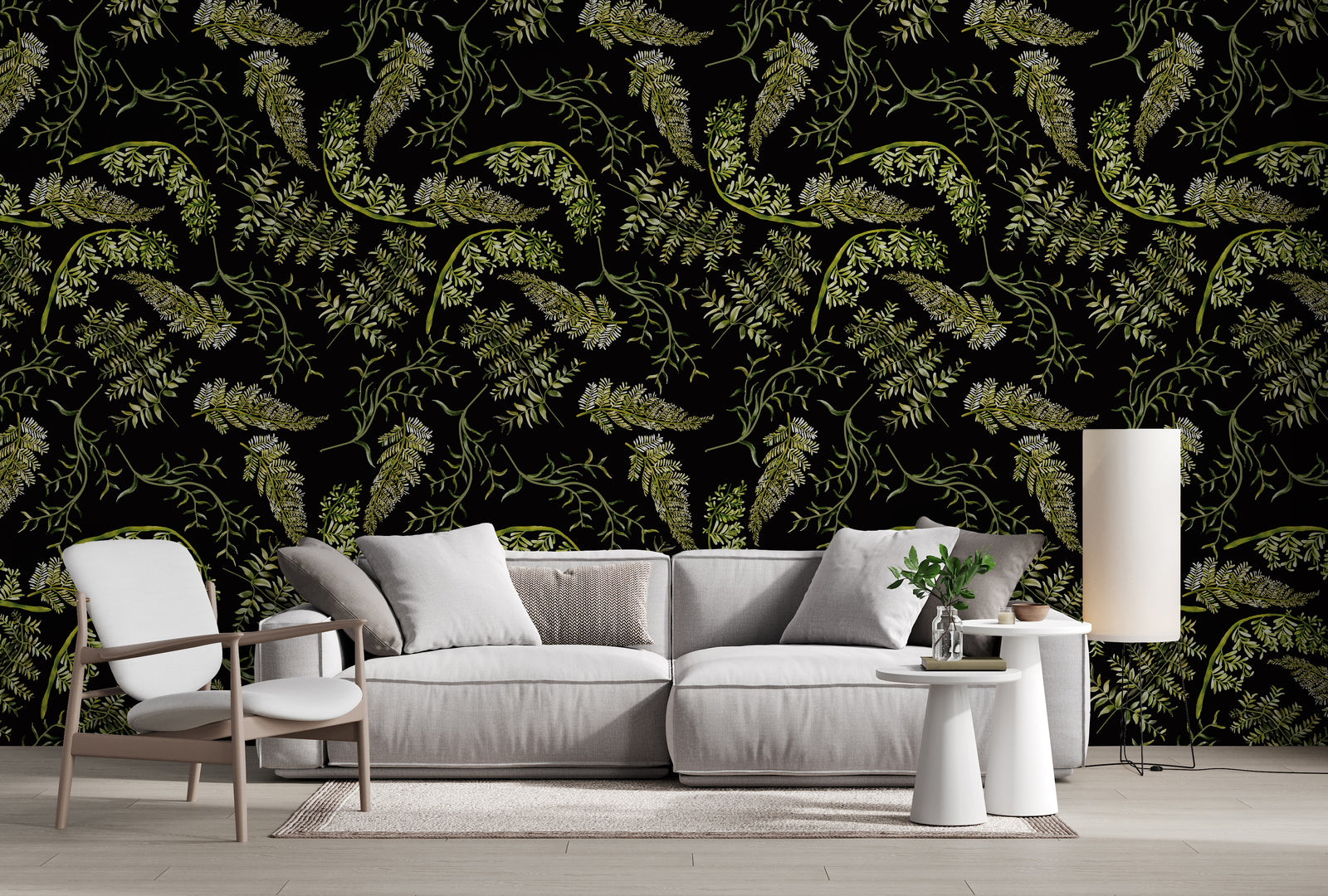 Dark botanical fern wallpaper with green leaves for modern living room accent wall