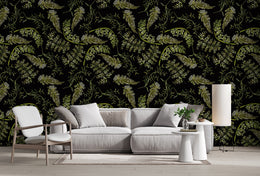 Dark botanical fern wallpaper with green leaves for modern living room accent wall