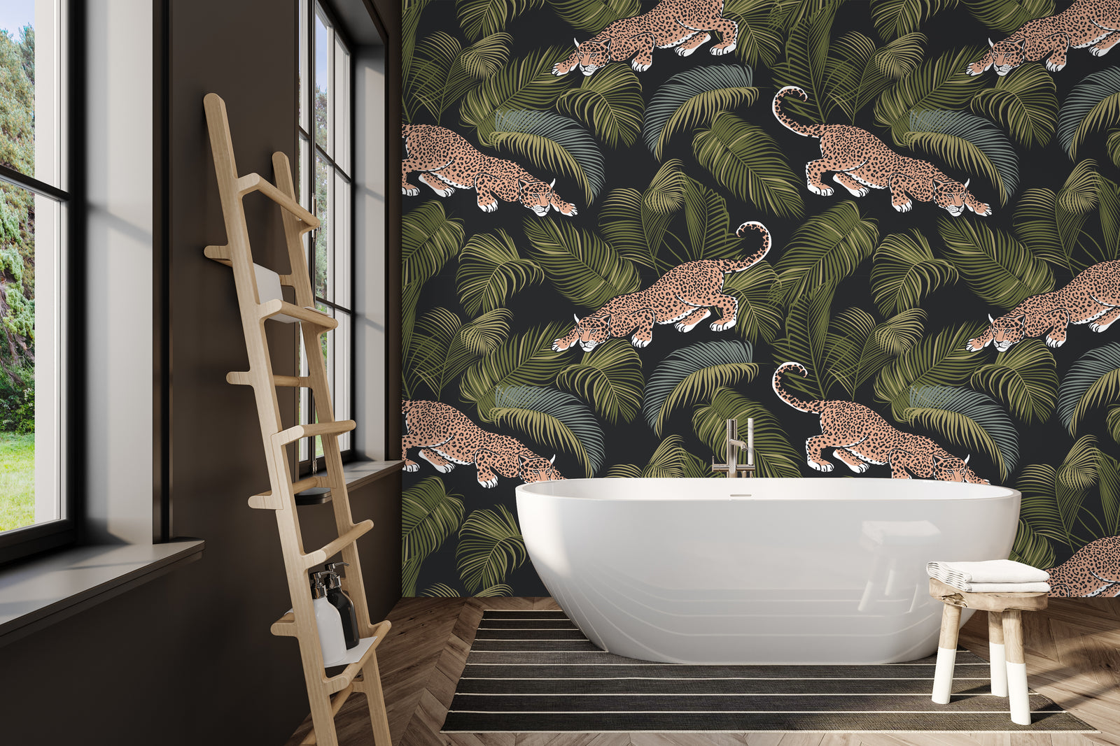 Statement leopard pattern with dense jungle foliage for dining room feature wall decor