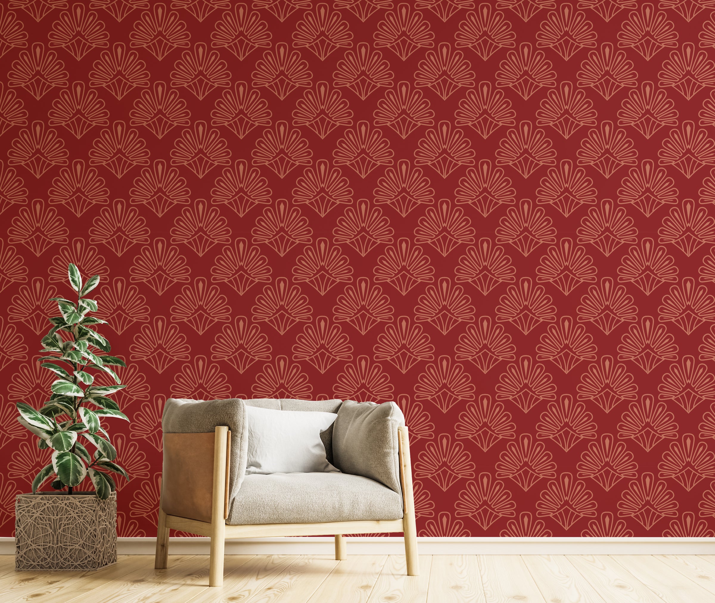 Art Deco Damask Design | Red Vintage Peel and Stick Wallpaper