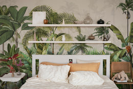 Calming jungle botanical wallpaper with soft green foliage for stylish bedroom wall 