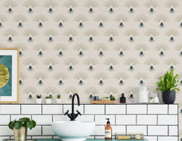 Mid Century Art Deco Wallpaper | Fan Pattern Beige Teal Peel and Stick Decor