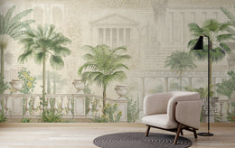Elegant tropical palm wallpaper with Roman architecture mural, perfect for luxury interiors in California, Sydney, London, and coastal homes.