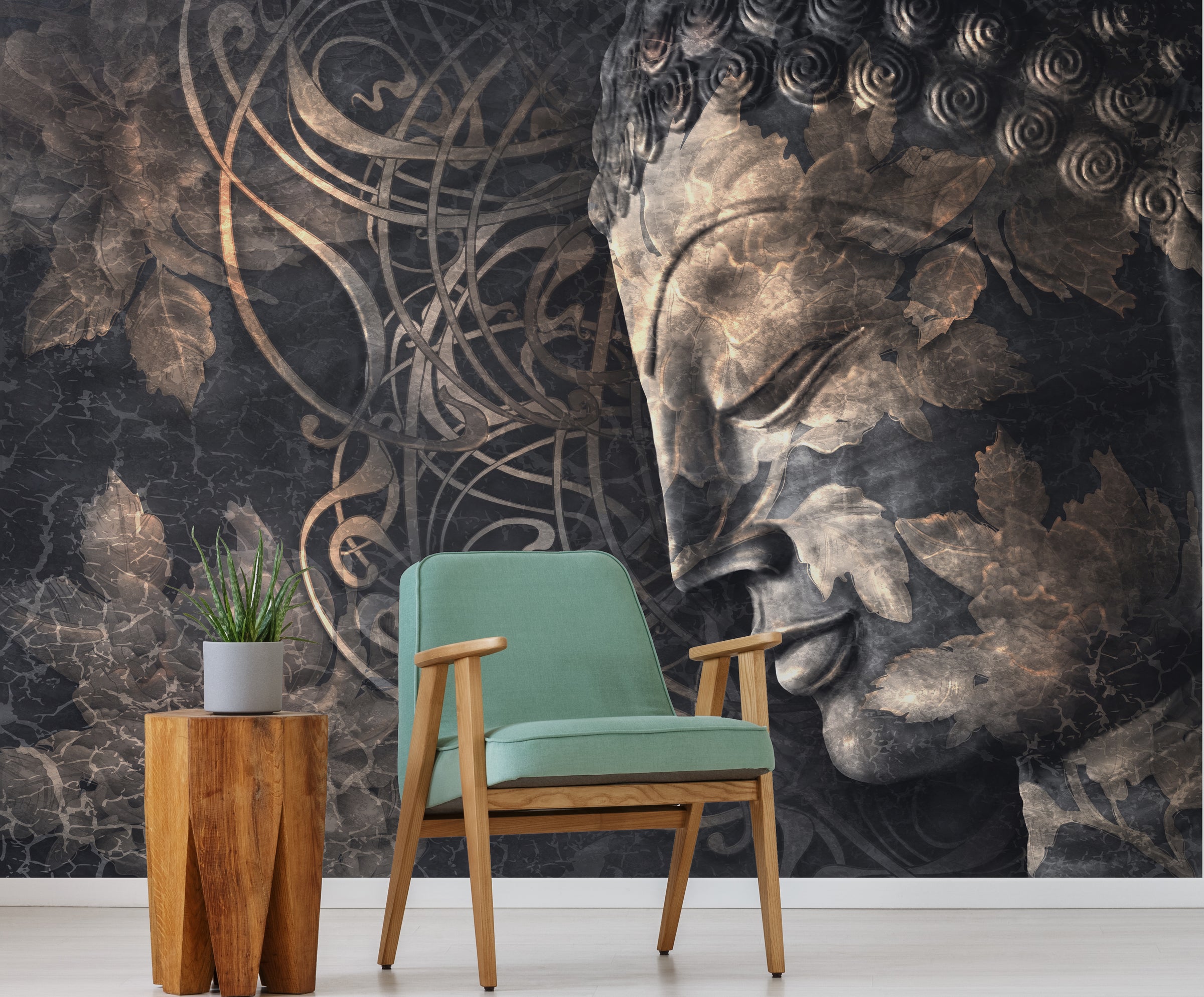 Luxury meditation Buddha wallpaper mural in dark marble tones for elegant yoga room decor