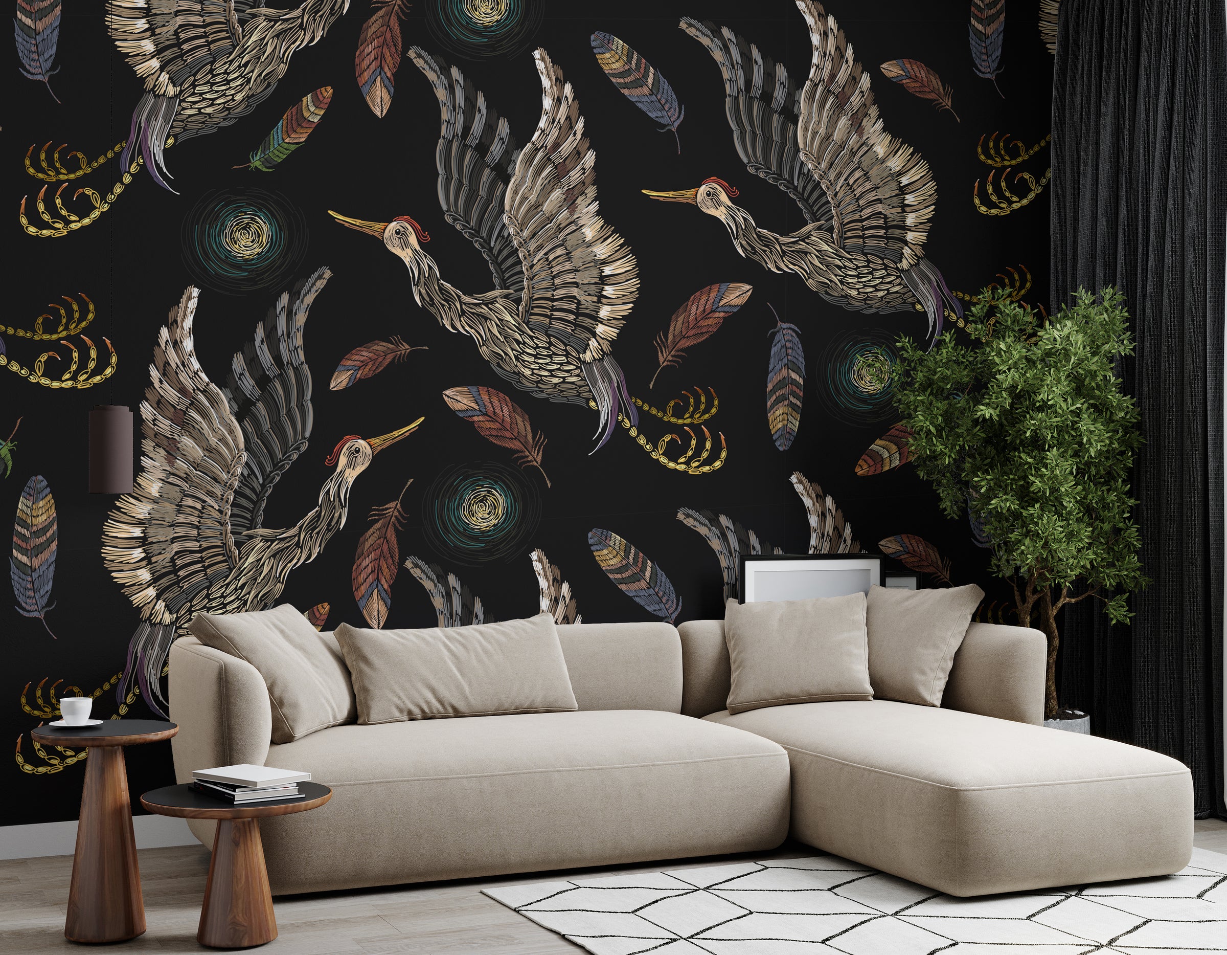 Luxury crane bird wallpaper with dark background, feathers, modern living room accent wall decor
