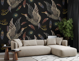 Luxury crane bird wallpaper with dark background, feathers, modern living room accent wall decor