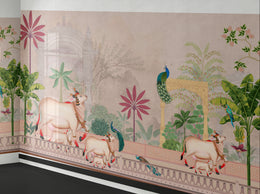 Artistic Indian mural with tropical plants, peacocks, warm hues for dining room decor