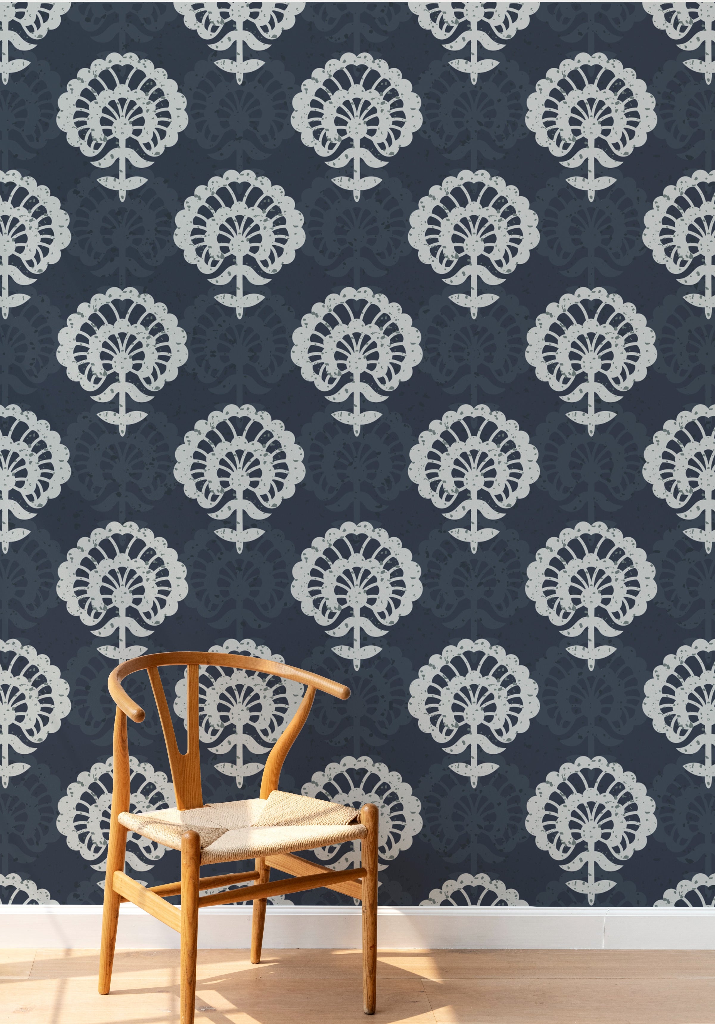 Designer navy damask wallpaper adds bold artistic texture to contemporary home office walls