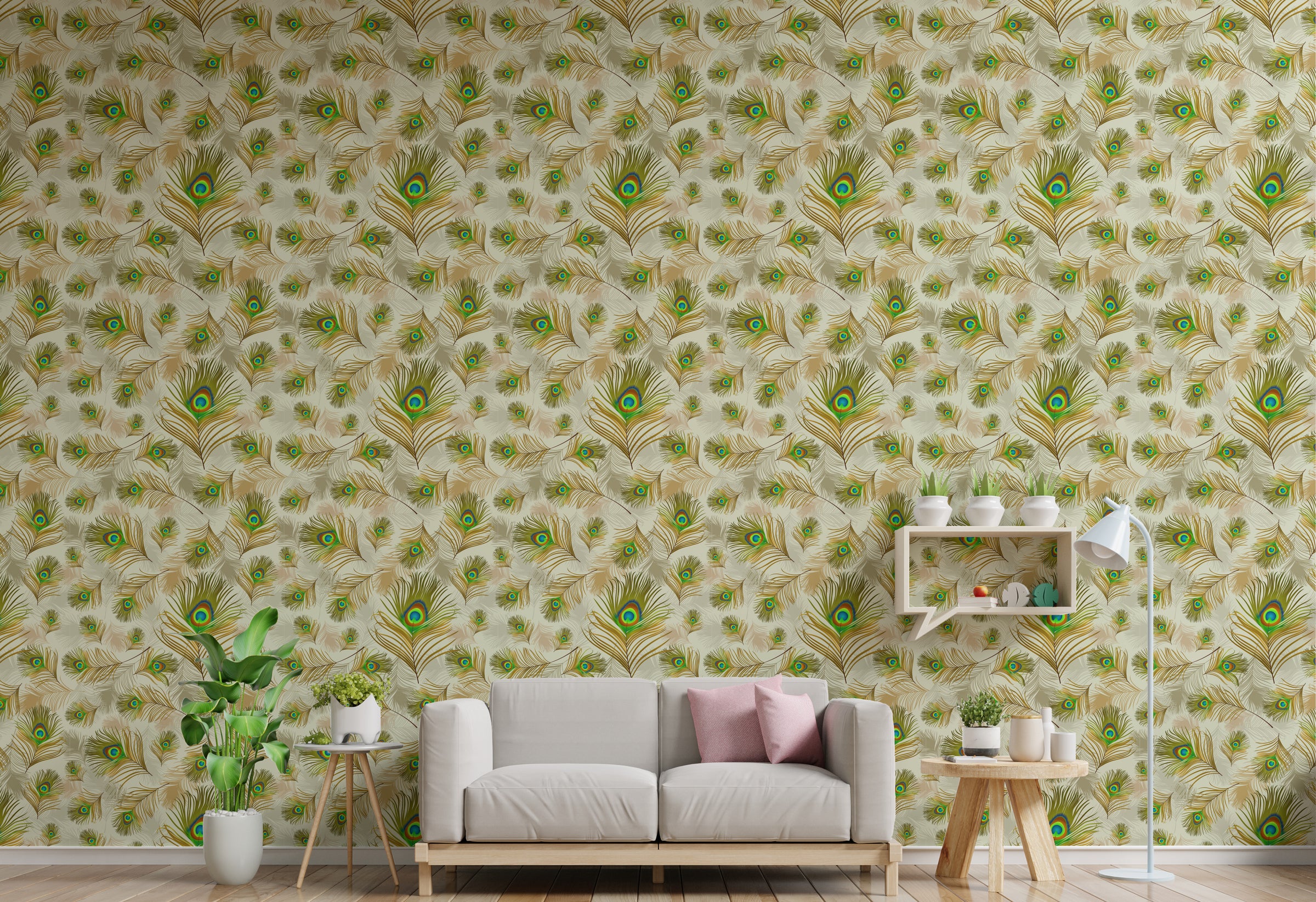 Nature inspired feather wallpaper in green gold tones perfect for relaxing reading room
