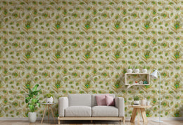 Nature inspired feather wallpaper in green gold tones perfect for relaxing reading room