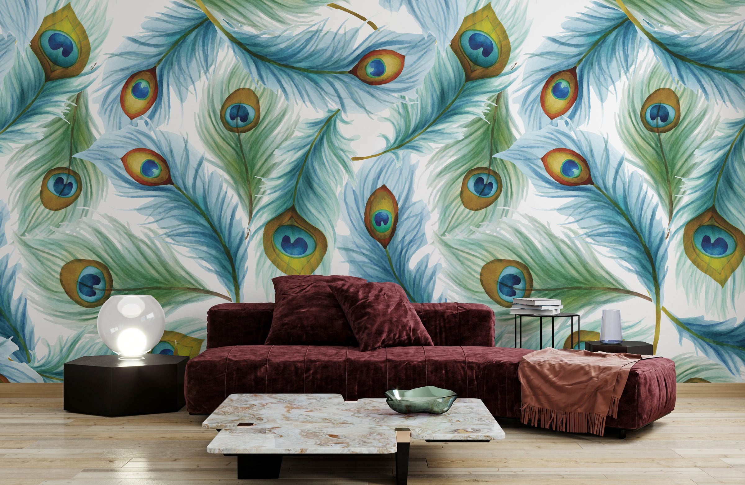 Luxury bedroom featuring peacock feather wallpaper with bold blue accents
