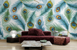 Luxury bedroom featuring peacock feather wallpaper with bold blue accents